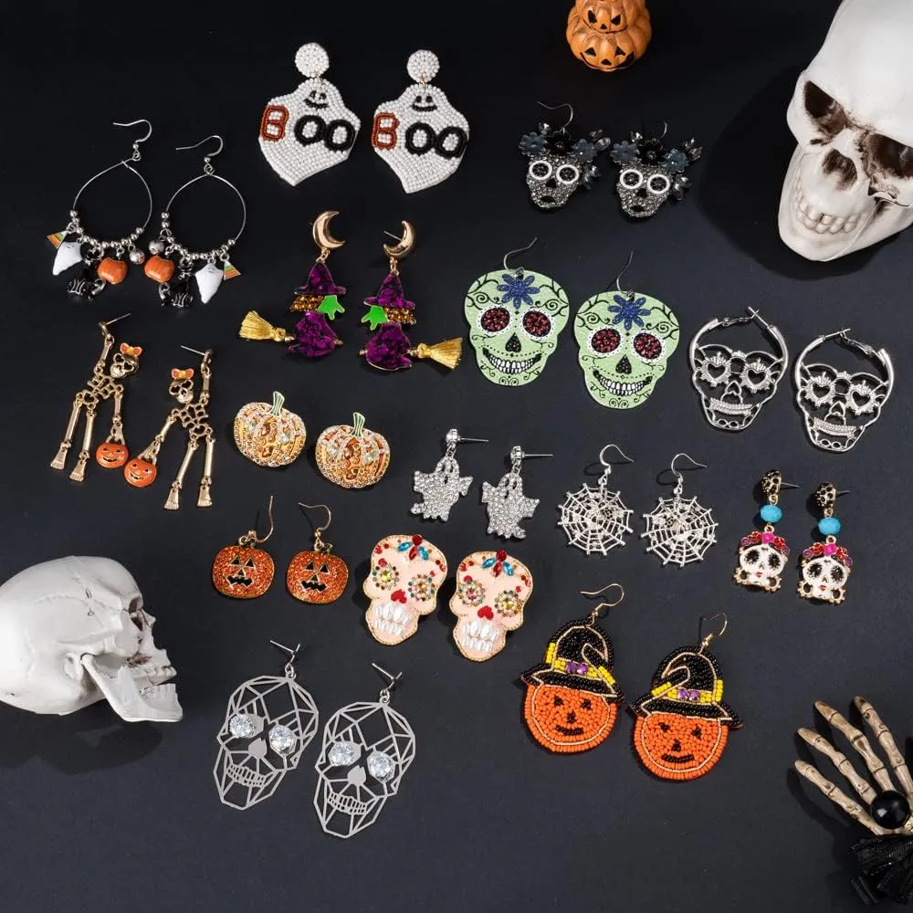 Madison Tyler Halloween Earrings for Women | Skeleton | Skull | Ghost | Pumpkin | Spider web | Wizard hat | Trick or Treat | Halloween Dangle Earrings Gift
