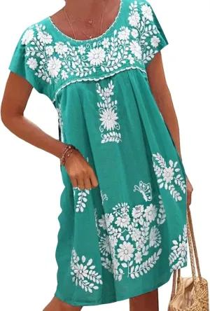 Melliflo Mexican Dress for Women Short Sleeve Floral Embroidered Fiesta Dress Loose Linen Peasant Dresses