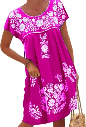 Melliflo Mexican Dress for Women Short Sleeve Floral Embroidered Fiesta Dress Loose Linen Peasant Dresses