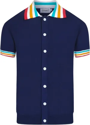 Men's Retro Dark Blue Knitted Poloshirt, 1960s Mod Style Vintage Polo Short Sleeve with Button