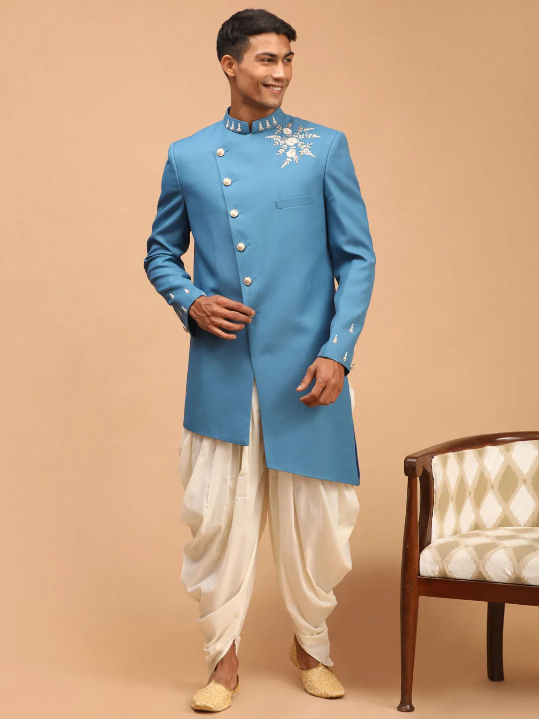 Men's Turquoise And Cream Silk Sherwani Set - Shrestha By Vastramay