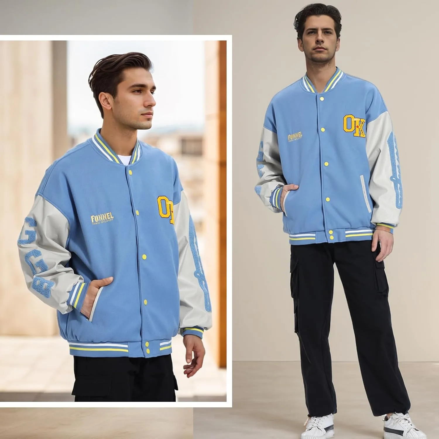 Mens Varsity Jacket Baseball Bomber Jacket Vintage Unisex Streetwear Coats with Patchwork Hipster Utility Tops
