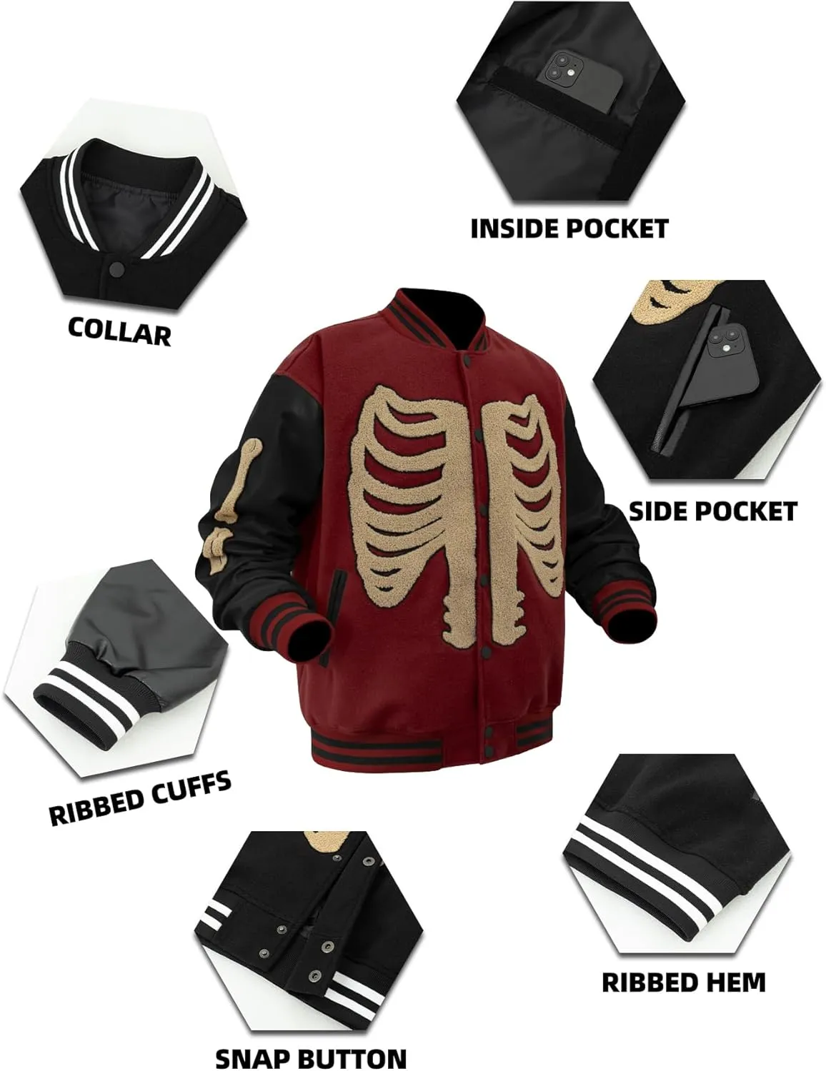 Mens Varsity Jackets Skeleton Graphic Baseball Wool Faux Leather Bomber Jacket Halloween costumes Outerwear Coat
