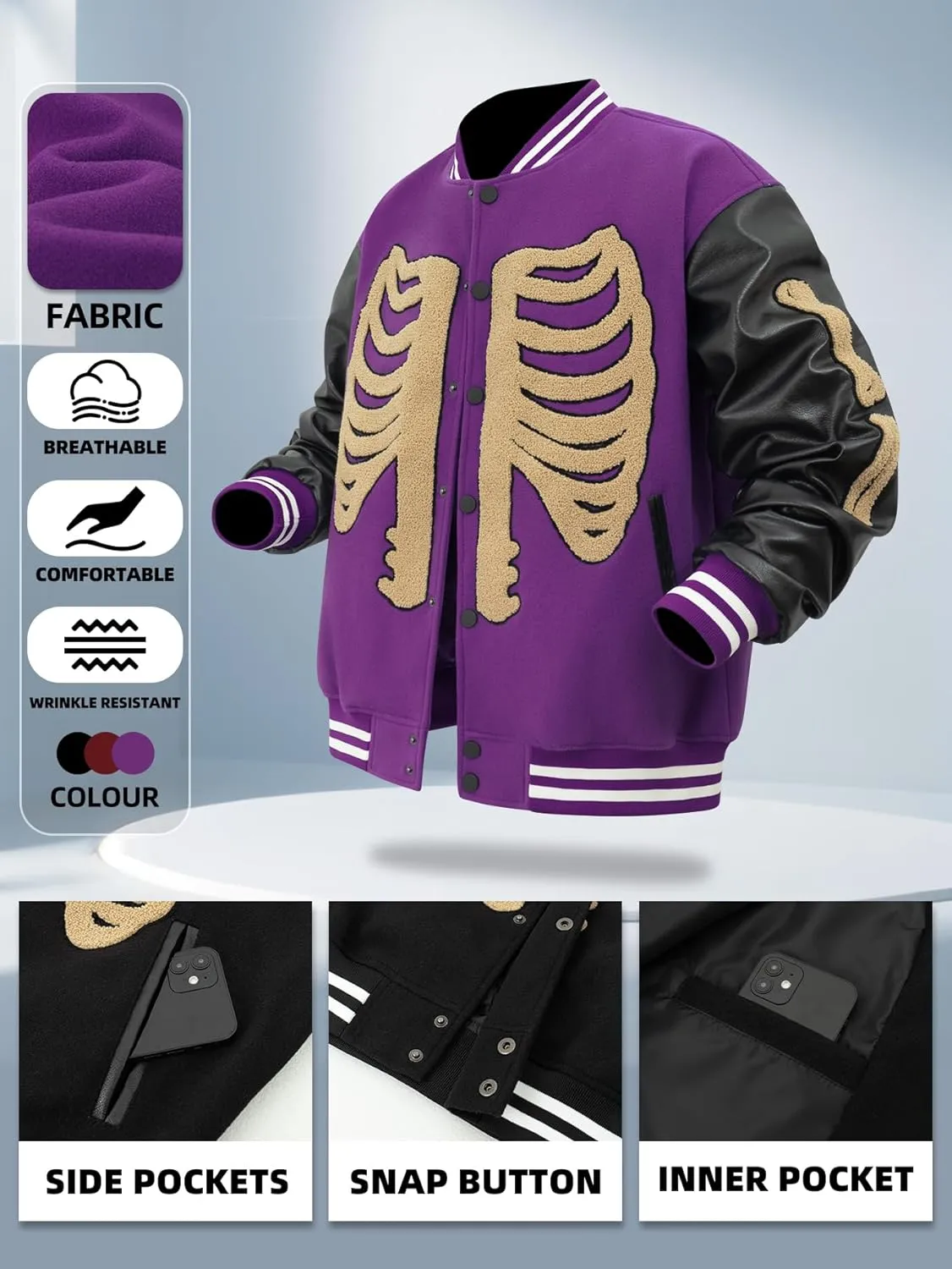Mens Varsity Jackets Skeleton Graphic Baseball Wool Faux Leather Bomber Jacket Halloween costumes Outerwear Coat