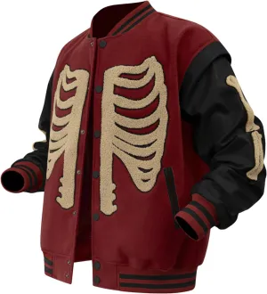 Mens Varsity Jackets Skeleton Graphic Baseball Wool Faux Leather Bomber Jacket Halloween costumes Outerwear Coat