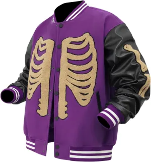 Mens Varsity Jackets Skeleton Graphic Baseball Wool Faux Leather Bomber Jacket Halloween costumes Outerwear Coat