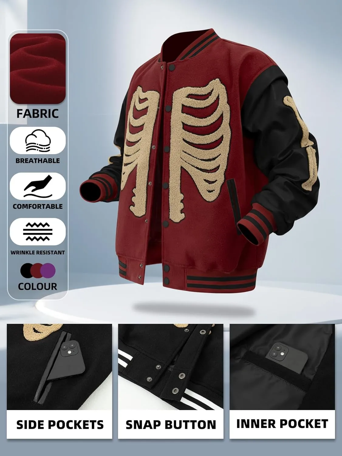 Mens Varsity Jackets Skeleton Graphic Baseball Wool Faux Leather Bomber Jacket Halloween costumes Outerwear Coat