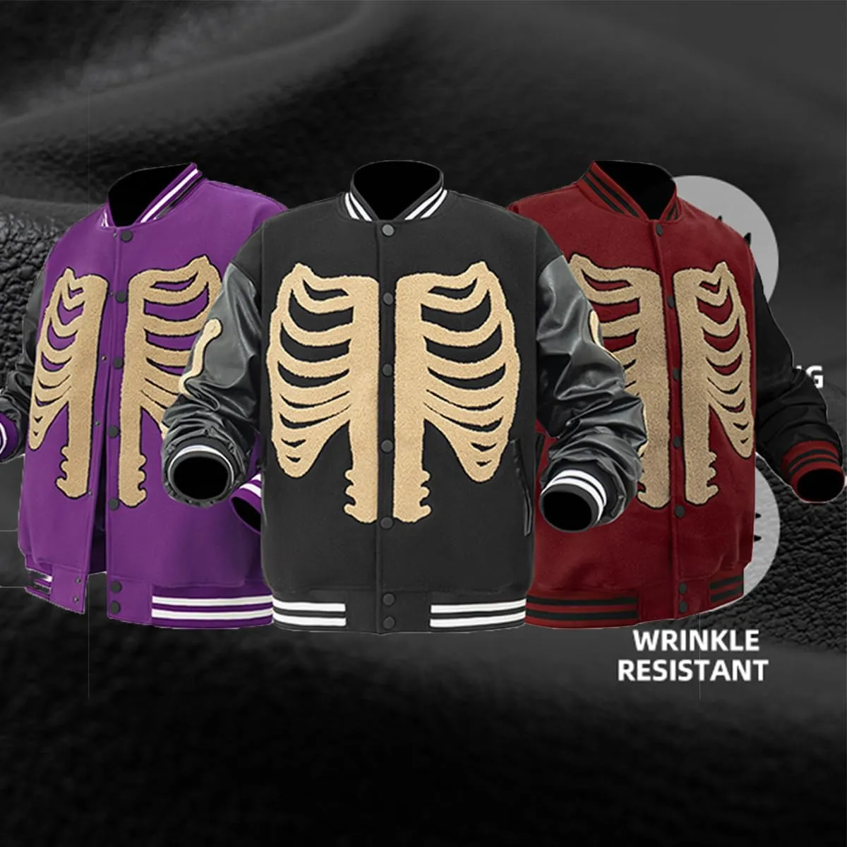 Mens Varsity Jackets Skeleton Graphic Baseball Wool Faux Leather Bomber Jacket Halloween costumes Outerwear Coat
