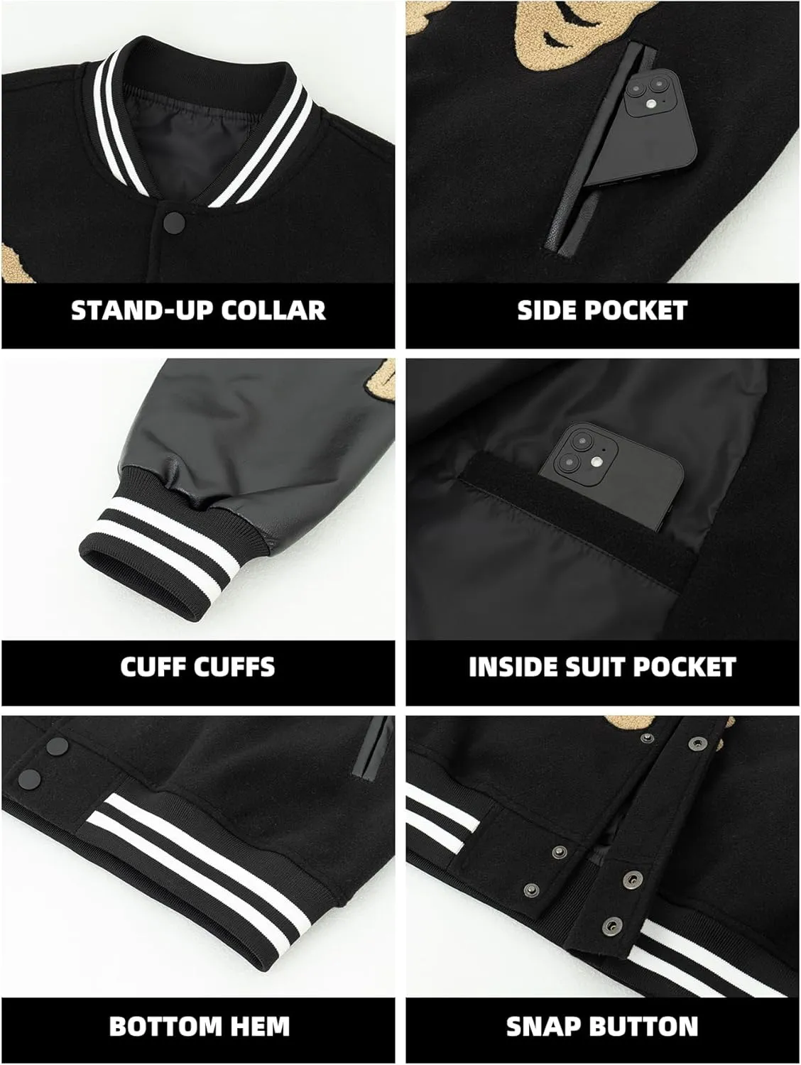 Mens Varsity Jackets Skeleton Graphic Baseball Wool Faux Leather Bomber Jacket Halloween costumes Outerwear Coat