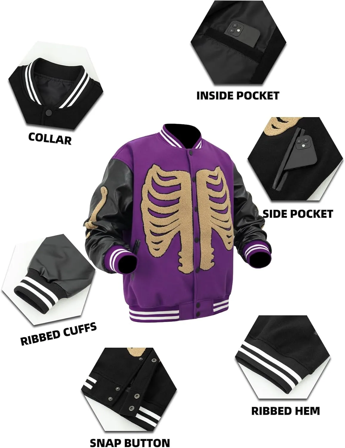 Mens Varsity Jackets Skeleton Graphic Baseball Wool Faux Leather Bomber Jacket Halloween costumes Outerwear Coat