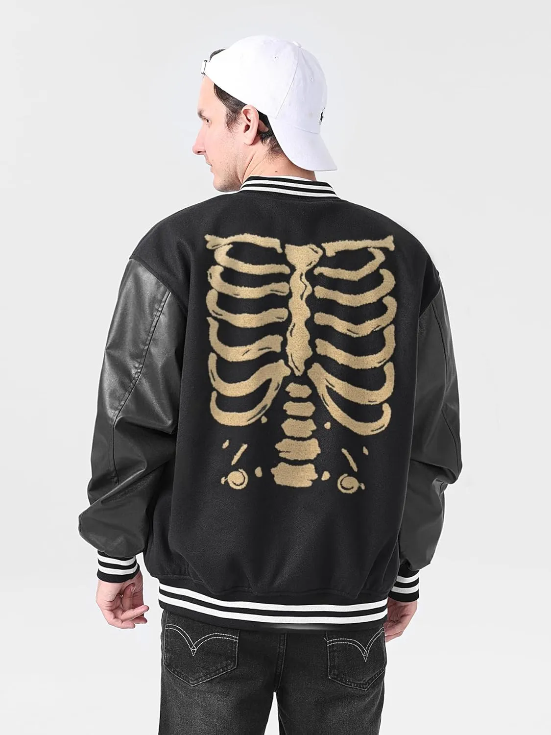 Mens Varsity Jackets Vintage Skeleton Embroidery Bomber Jacket For Fall&winter Halloween costumes Outerwear Coat