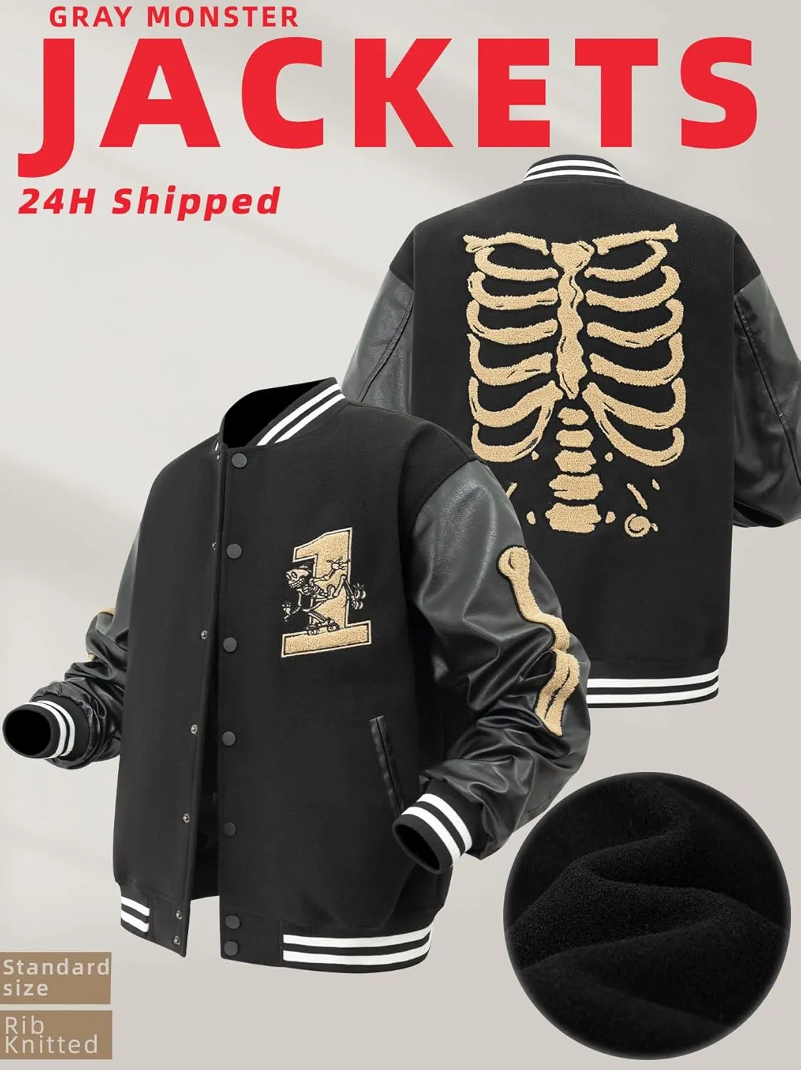 Mens Varsity Jackets Vintage Skeleton Embroidery Bomber Jacket For Fall&winter Halloween costumes Outerwear Coat