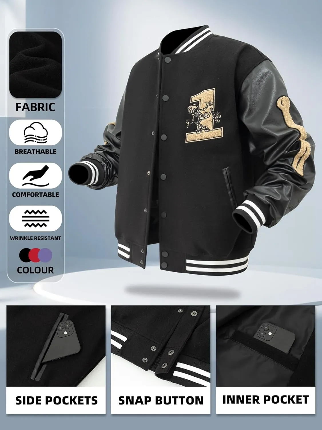 Mens Varsity Jackets Vintage Skeleton Embroidery Bomber Jacket For Fall&winter Halloween costumes Outerwear Coat