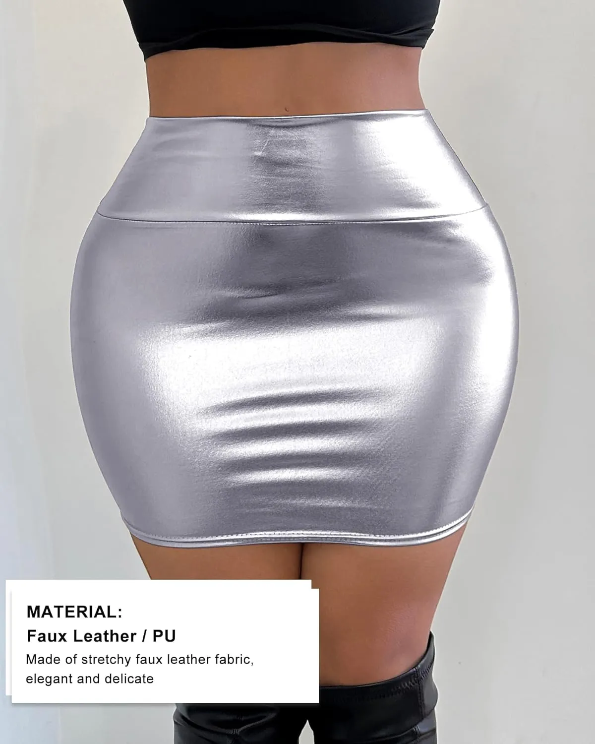 Metallic Bodycon Mini Skirt - High Shine Silver Party Wear, Liquid Sexy Tight Pencil Skirt for Women