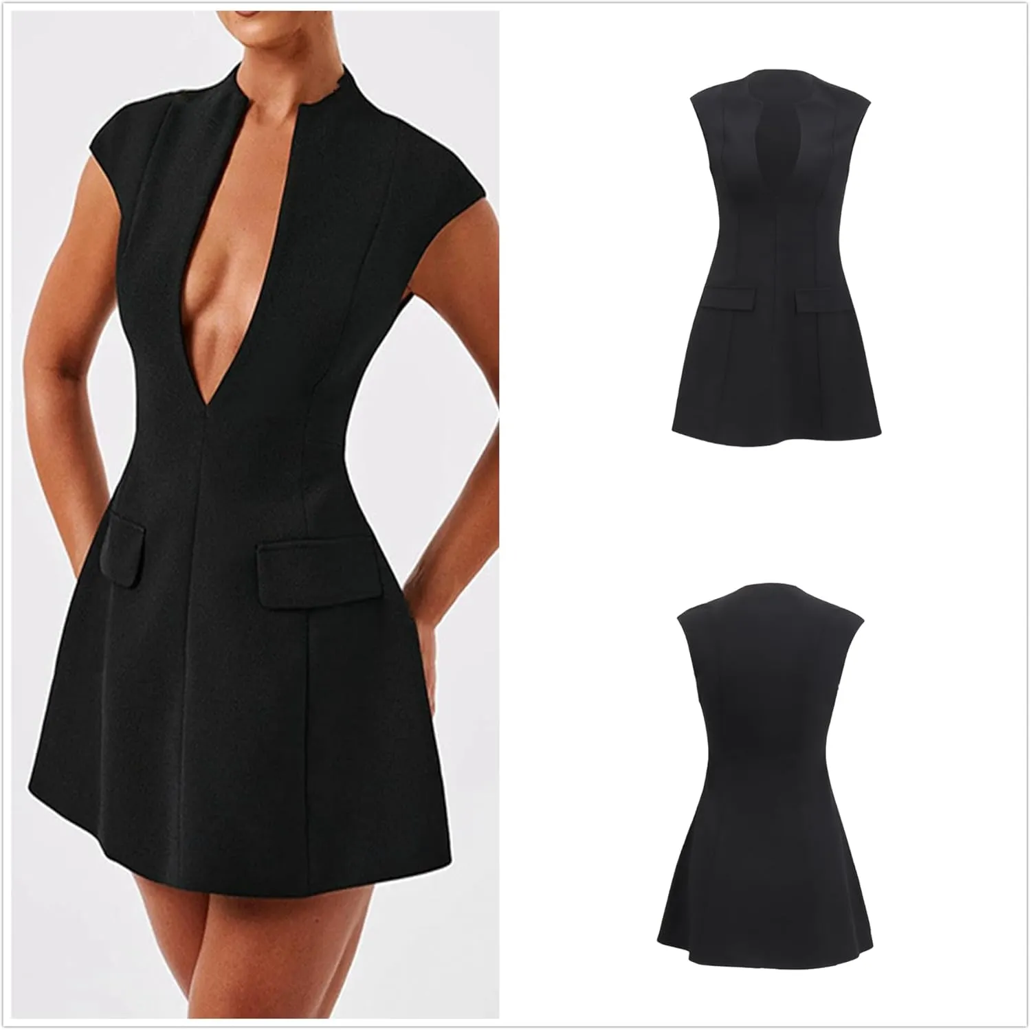 MINGSEECESS Women Cap Sleeve Mini Short Dress Deep V Neck Bodycon A-line Party Club Dresses