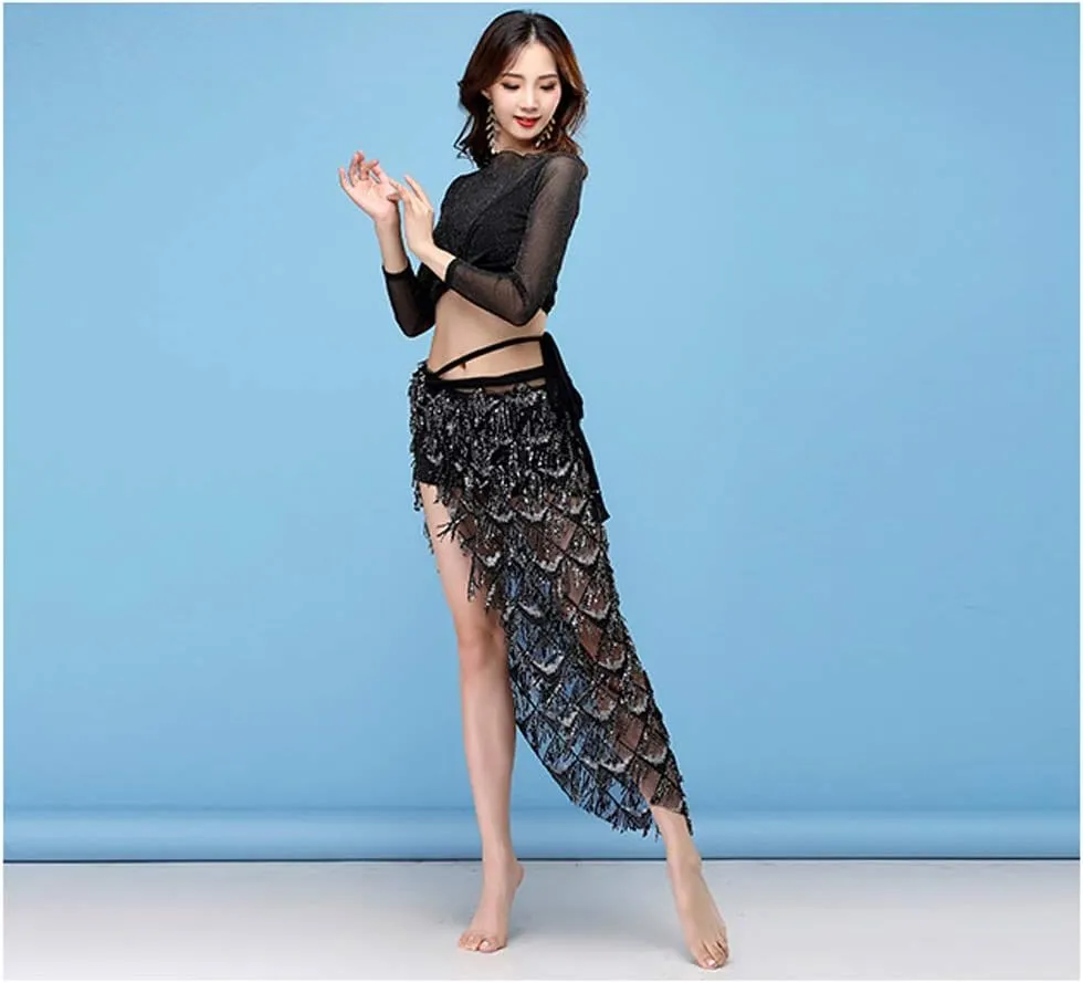 MUNAFIE Hip Scarf for Belly Dance Folk Dance Halloween Costume Tribal Dance Skirt with Sequin Tassel