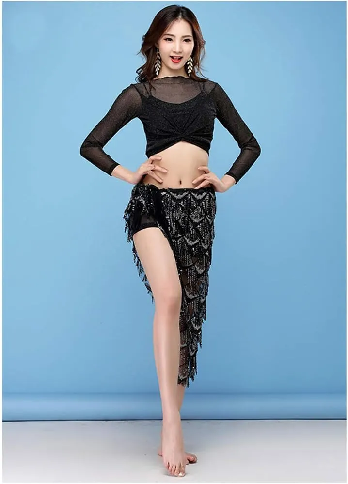 MUNAFIE Hip Scarf for Belly Dance Folk Dance Halloween Costume Tribal Dance Skirt with Sequin Tassel