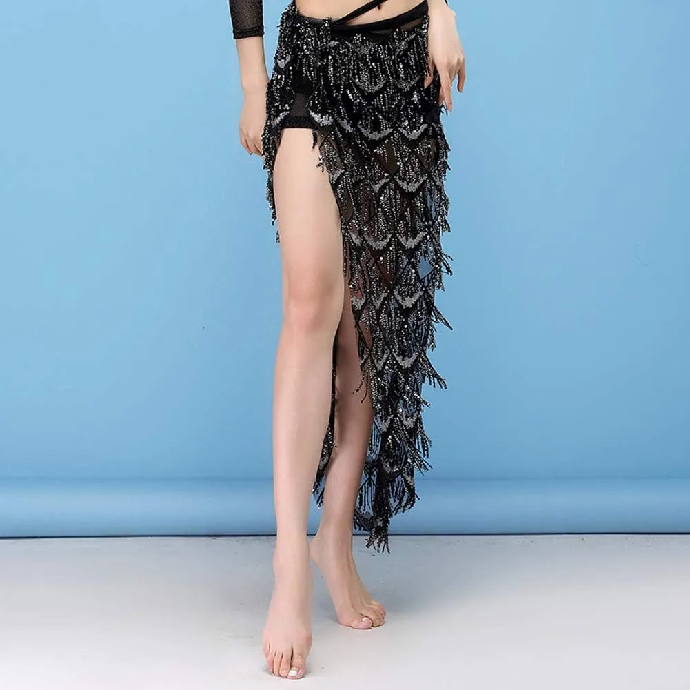 MUNAFIE Hip Scarf for Belly Dance Folk Dance Halloween Costume Tribal Dance Skirt with Sequin Tassel