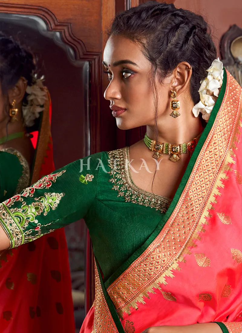 Peach And Green Traditional Embroidered Silk Saree