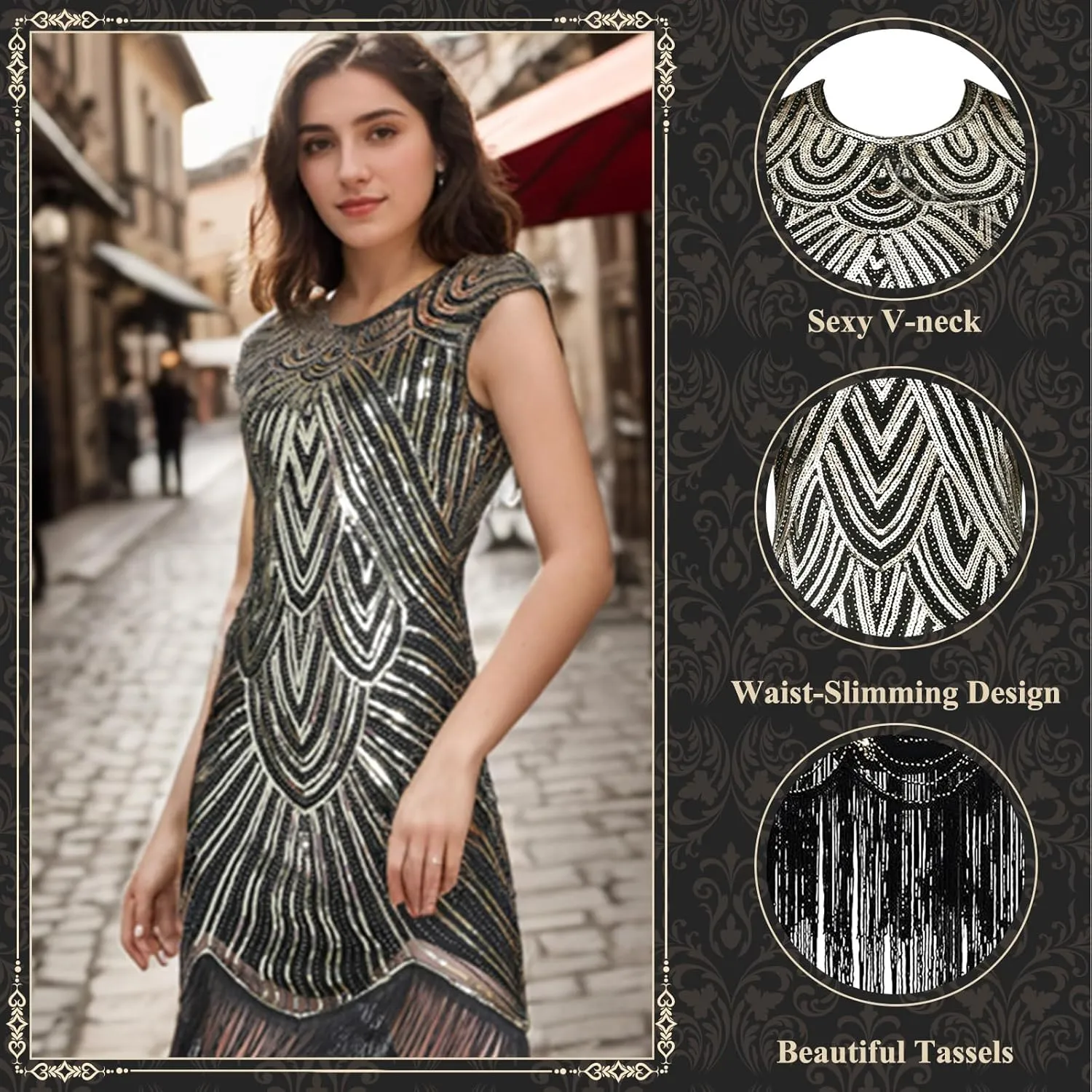 PLULON 1920s Dresses for Women, Sequin Fringed Gatsby Flapper Cocktail Dresses with 20s Accessories Set, Roaring 20s Costumes