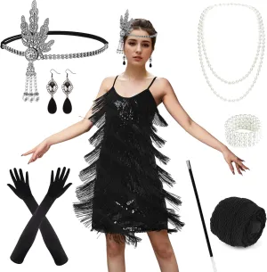 PLULON Women's 1920s Gatsby Sequin Fringed Vintage Flapper Dress Cocktail Party Dress with 20s Accessories Costume Set