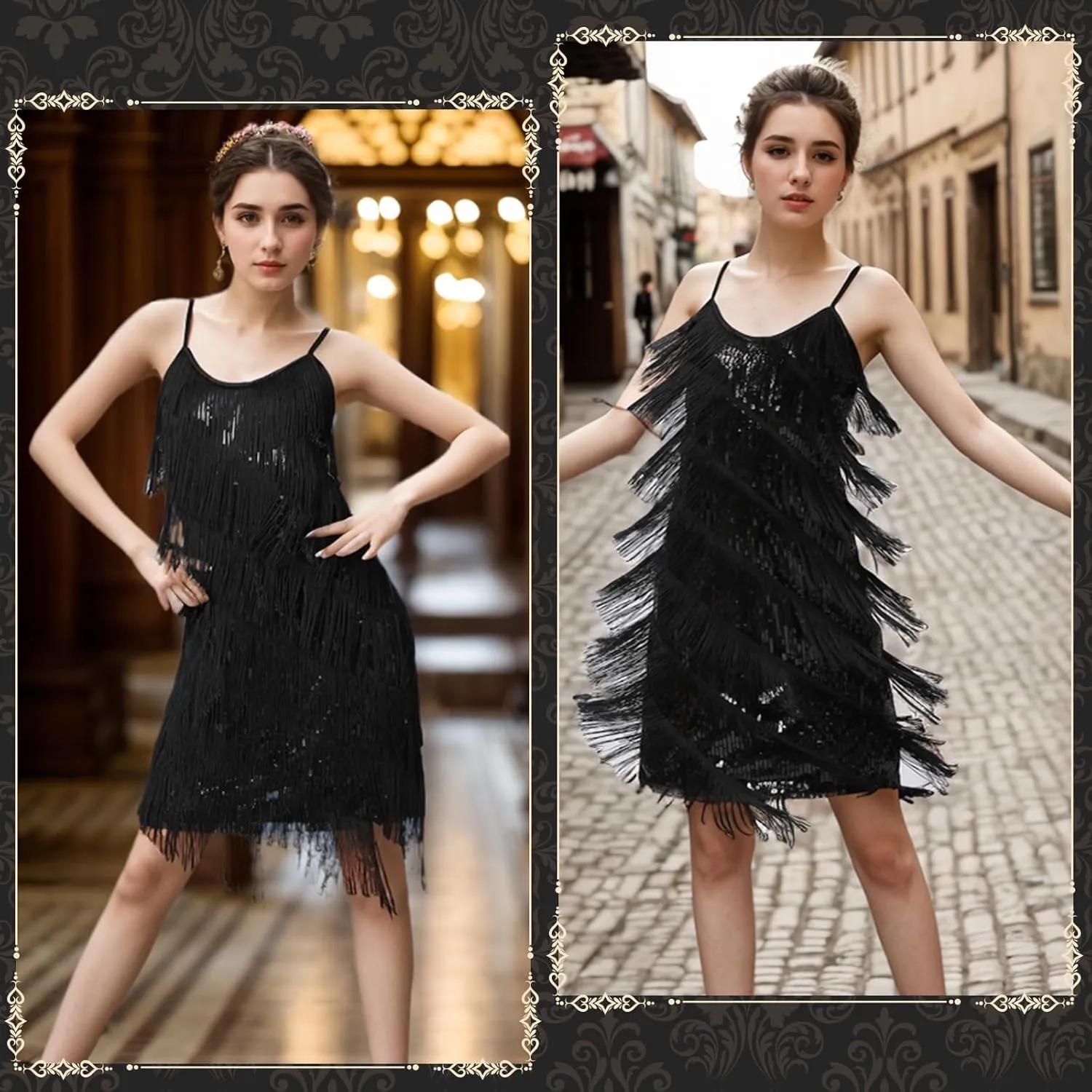 PLULON Women's 1920s Gatsby Sequin Fringed Vintage Flapper Dress Cocktail Party Dress with 20s Accessories Costume Set