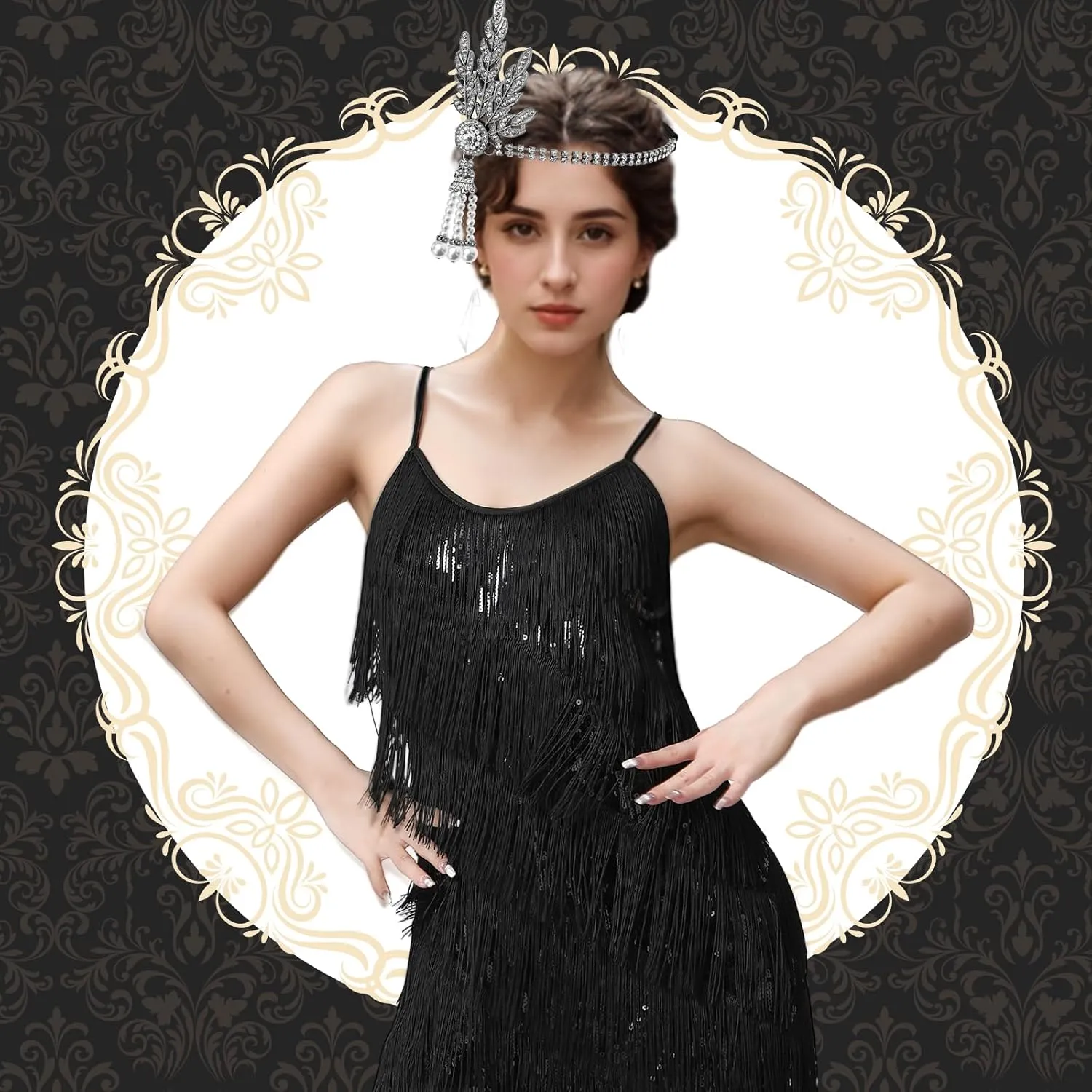 PLULON Women's 1920s Gatsby Sequin Fringed Vintage Flapper Dress Cocktail Party Dress with 20s Accessories Costume Set