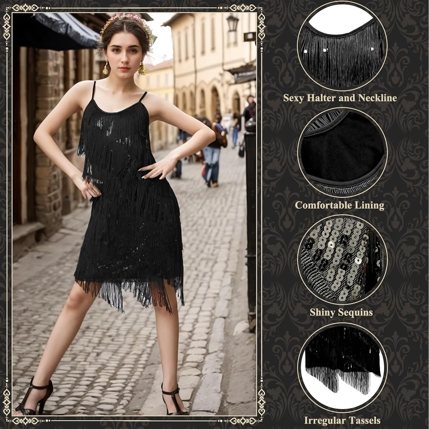 PLULON Women's 1920s Gatsby Sequin Fringed Vintage Flapper Dress Cocktail Party Dress with 20s Accessories Costume Set
