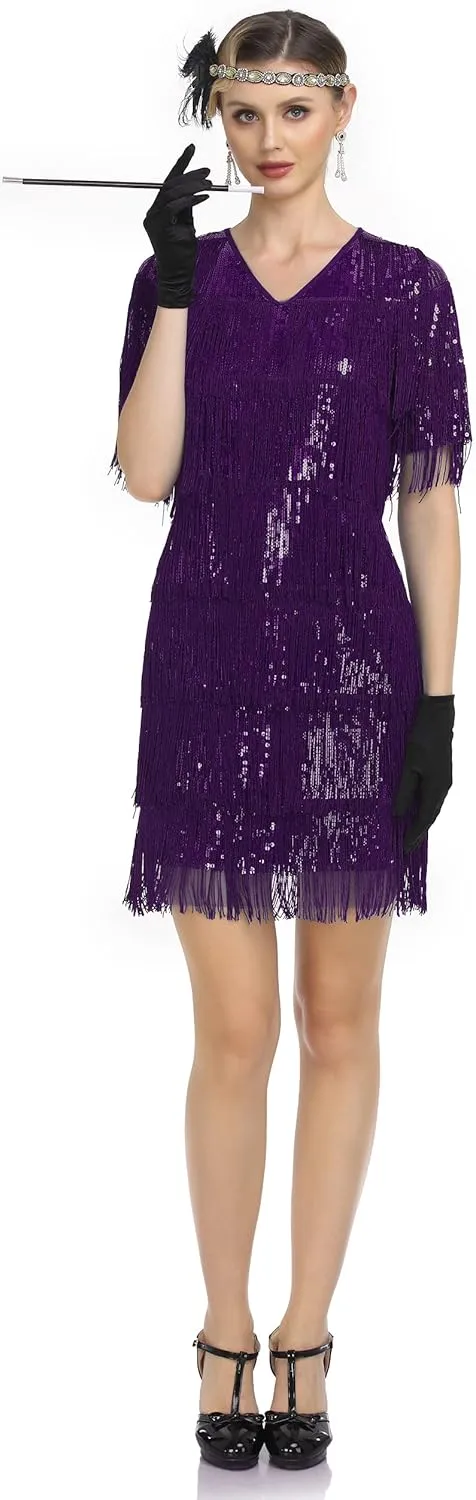 PrettyGuide Women's Flapper Dresses with Sleeves Tiered Long Fringed Sequin 1920s Great Gatsby Cocktail Dress Costume