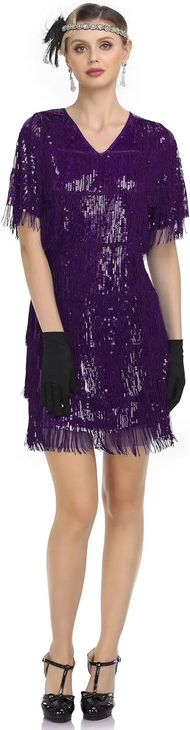 PrettyGuide Women's Flapper Dresses with Sleeves Tiered Long Fringed Sequin 1920s Great Gatsby Cocktail Dress Costume
