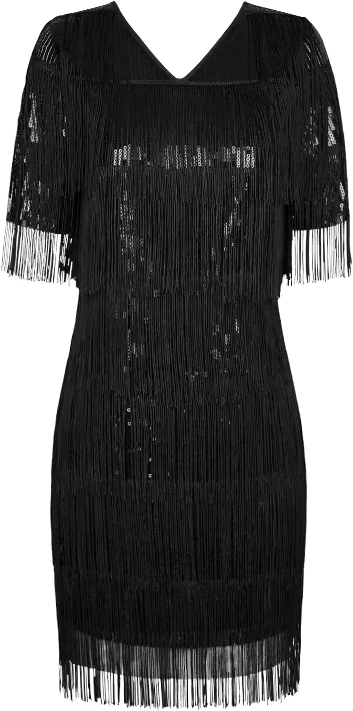 PrettyGuide Women's Flapper Dresses with Sleeves Tiered Long Fringed Sequin 1920s Great Gatsby Cocktail Dress Costume