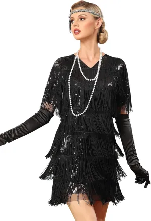 PrettyGuide Women's Flapper Dresses with Sleeves Tiered Long Fringed Sequin 1920s Great Gatsby Cocktail Dress Costume