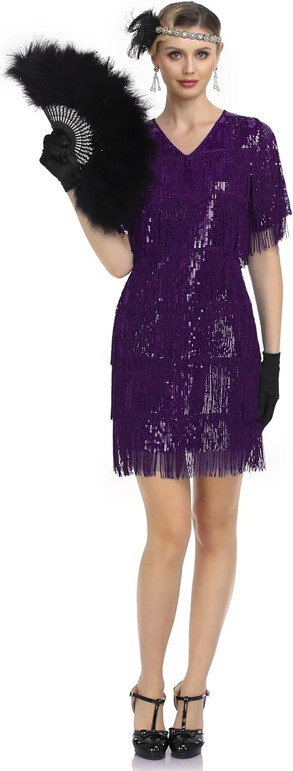 PrettyGuide Women's Flapper Dresses with Sleeves Tiered Long Fringed Sequin 1920s Great Gatsby Cocktail Dress Costume