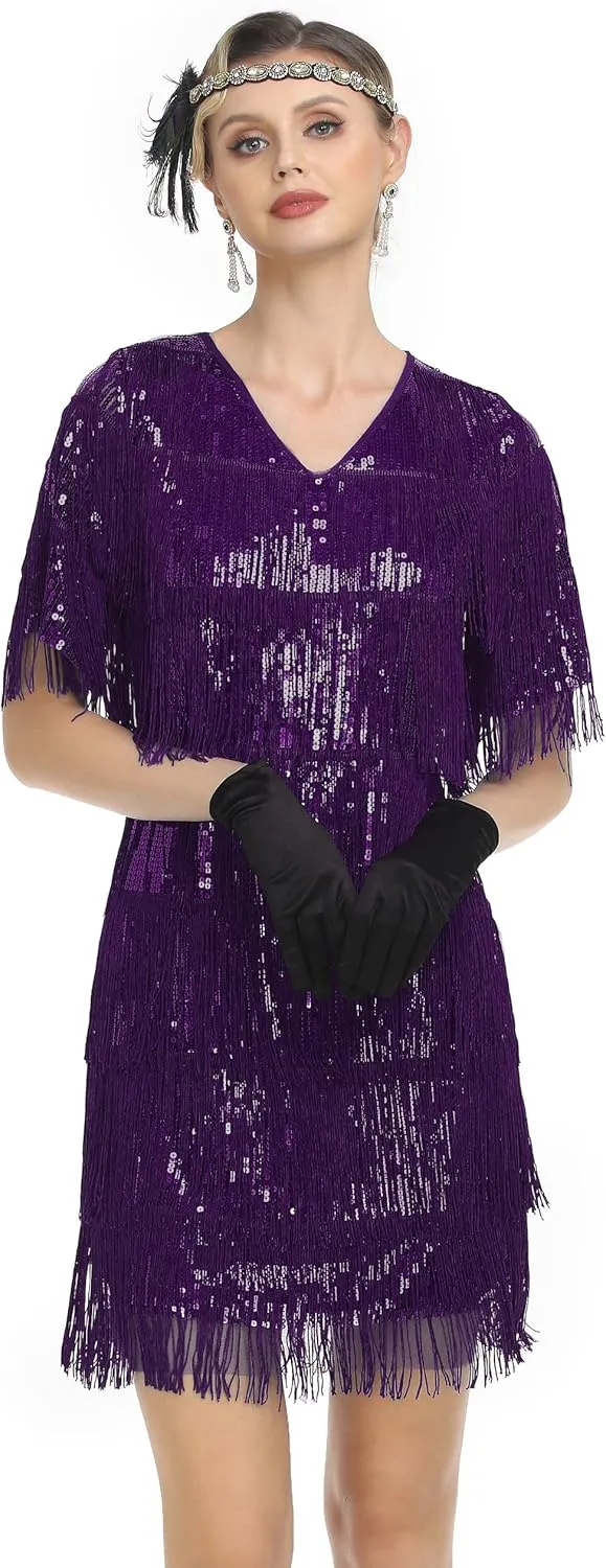 PrettyGuide Women's Flapper Dresses with Sleeves Tiered Long Fringed Sequin 1920s Great Gatsby Cocktail Dress Costume