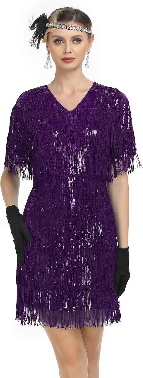 PrettyGuide Women's Flapper Dresses with Sleeves Tiered Long Fringed Sequin 1920s Great Gatsby Cocktail Dress Costume