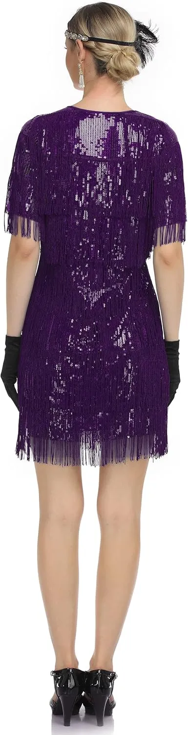 PrettyGuide Women's Flapper Dresses with Sleeves Tiered Long Fringed Sequin 1920s Great Gatsby Cocktail Dress Costume