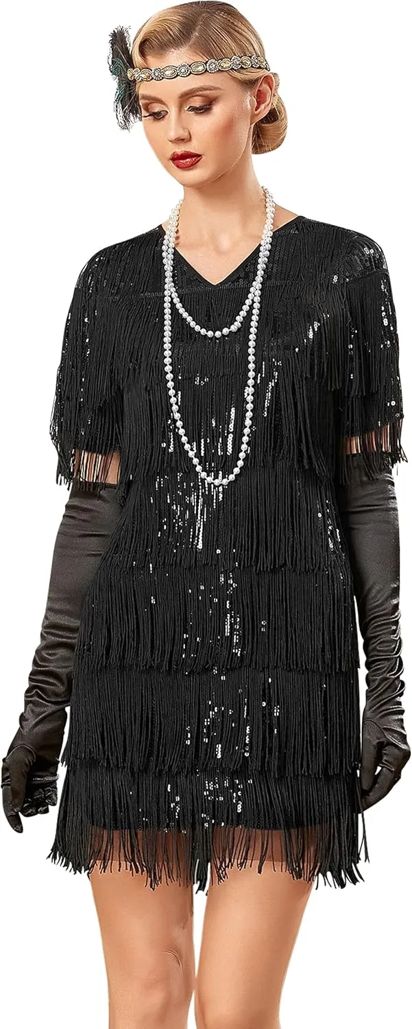 PrettyGuide Women's Flapper Dresses with Sleeves Tiered Long Fringed Sequin 1920s Great Gatsby Cocktail Dress Costume