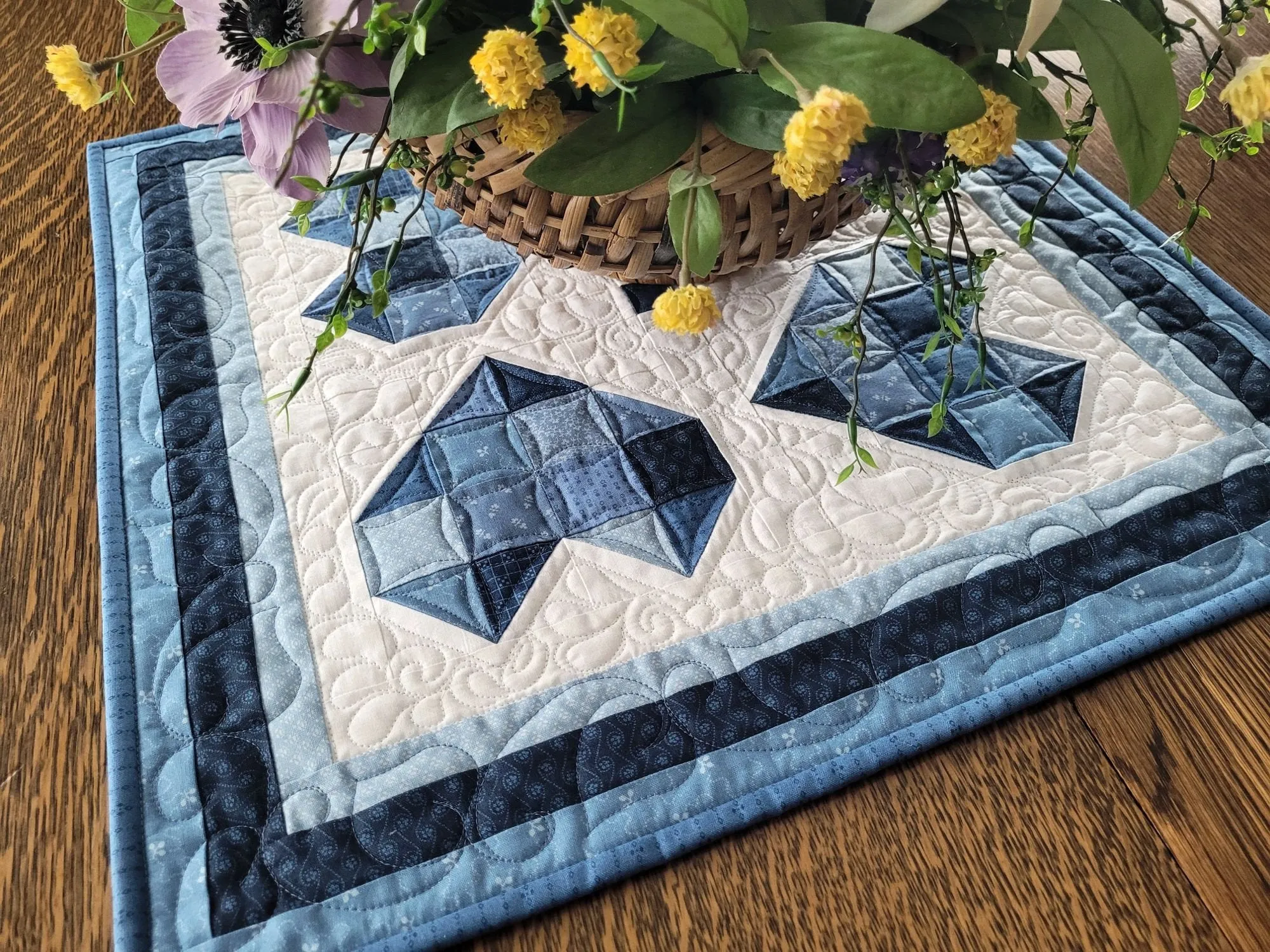 Quilted Table Topper with Patchwork Hearts