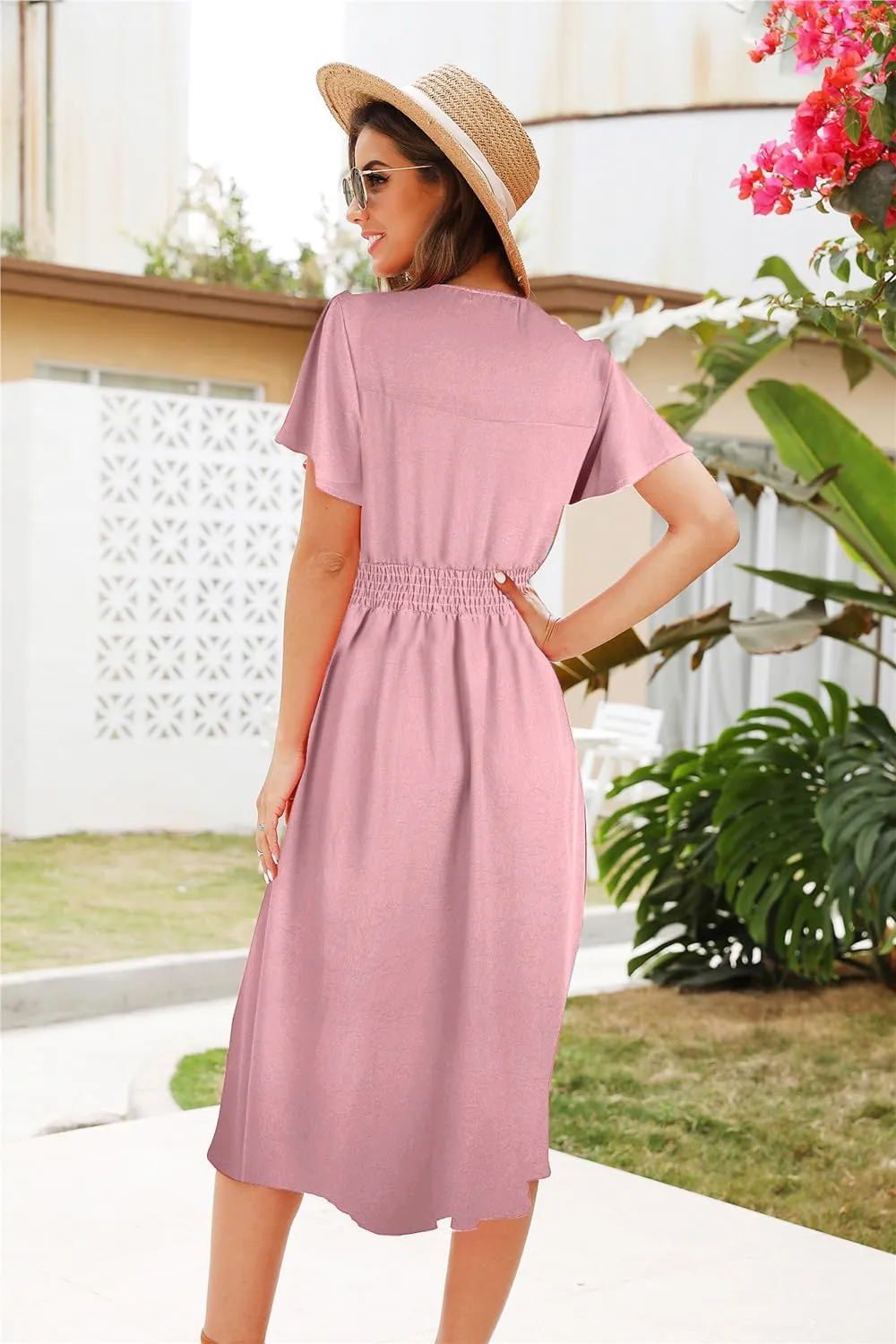 ROYLAMP Women's Floral Button Up Split Dress Deep V Short Bell Sleeve Casual Midi Dress with Pockets