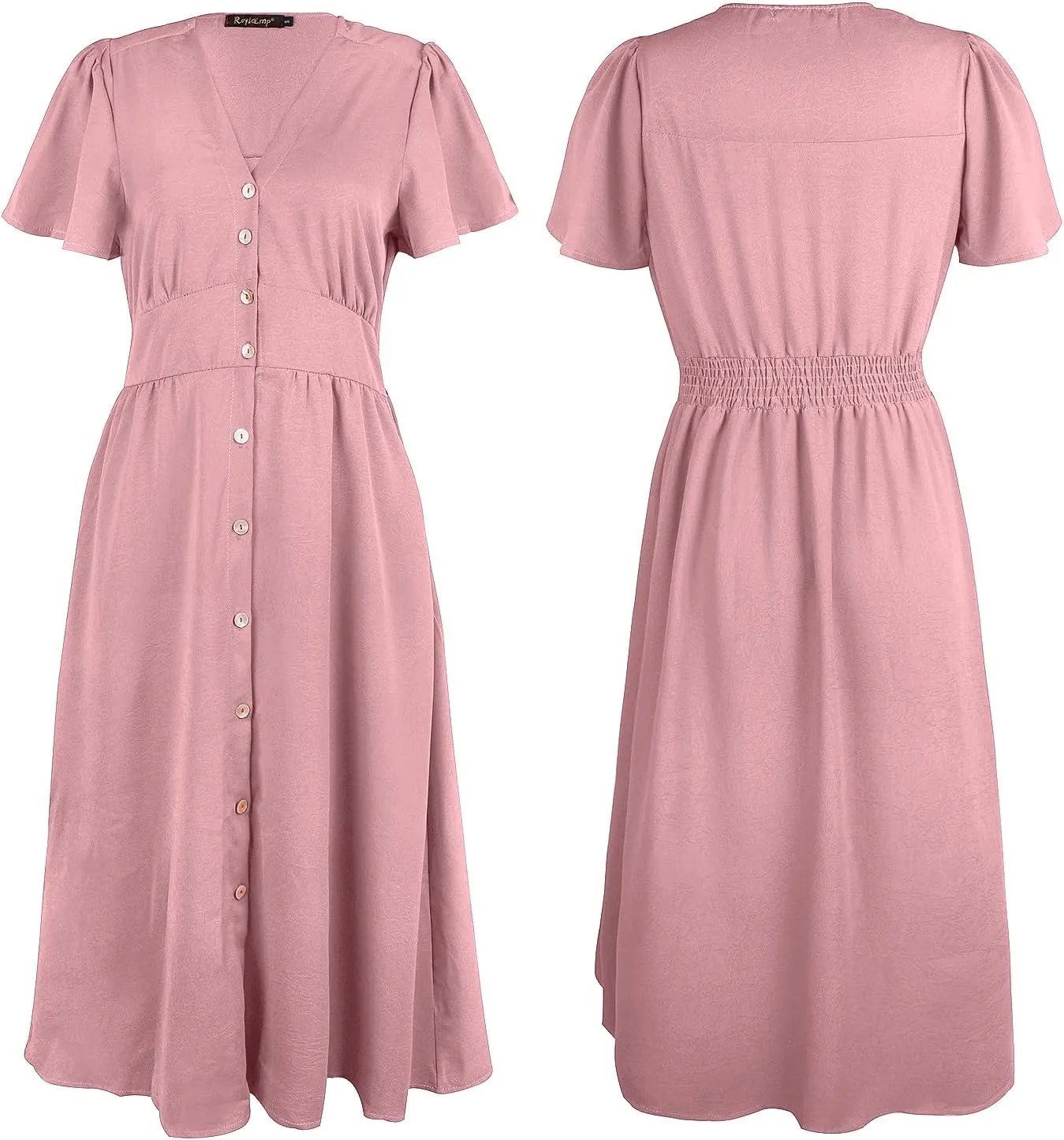 ROYLAMP Women's Floral Button Up Split Dress Deep V Short Bell Sleeve Casual Midi Dress with Pockets