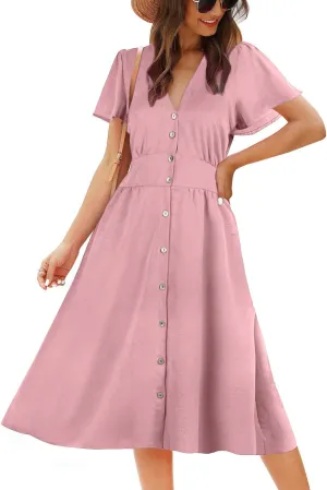 ROYLAMP Women's Floral Button Up Split Dress Deep V Short Bell Sleeve Casual Midi Dress with Pockets