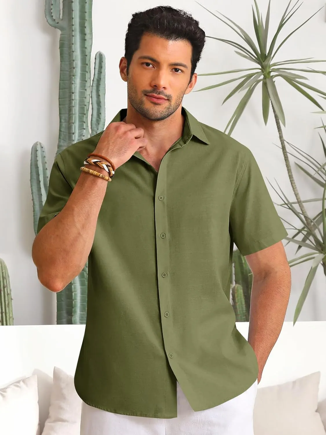 Runcati Mens Button Down Linen Shirts Short Sleeve Casual Collared Summer Beach Untucked Tops