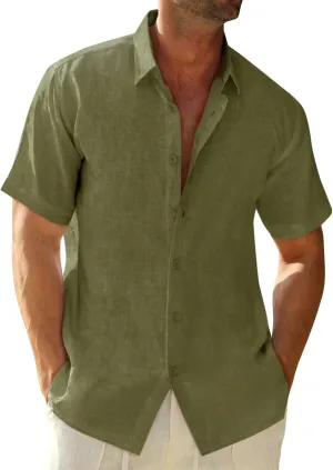 Runcati Mens Button Down Linen Shirts Short Sleeve Casual Collared Summer Beach Untucked Tops