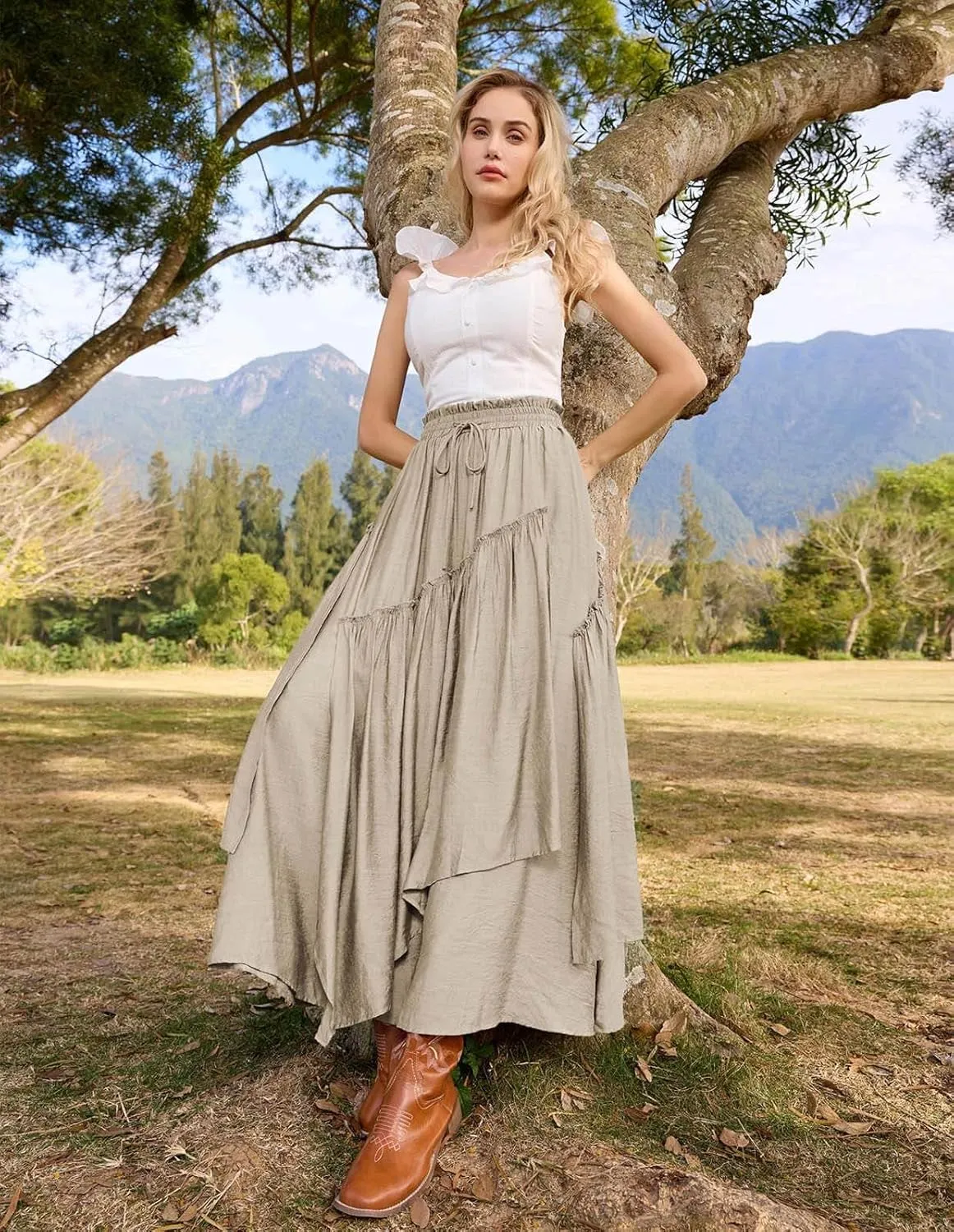 Scarlet Darkness Women Renaissance Layered Long Skirt Elastic High Waist Tiered Skirt with Pockets