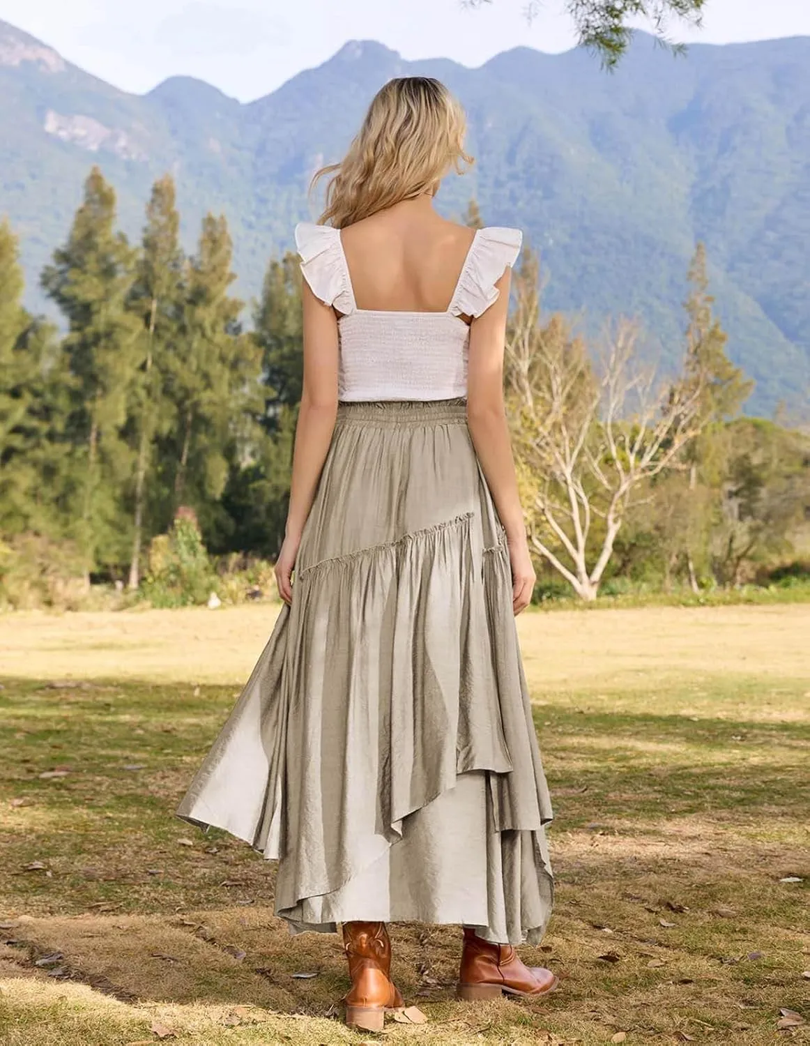 Scarlet Darkness Women Renaissance Layered Long Skirt Elastic High Waist Tiered Skirt with Pockets