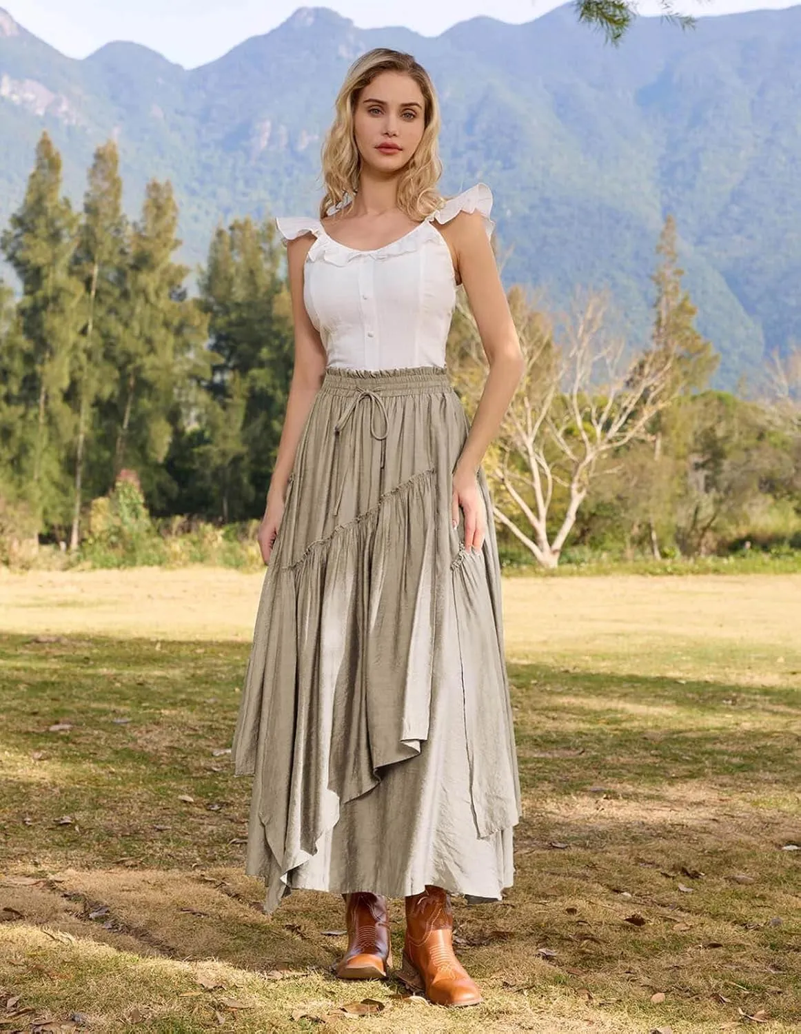 Scarlet Darkness Women Renaissance Layered Long Skirt Elastic High Waist Tiered Skirt with Pockets