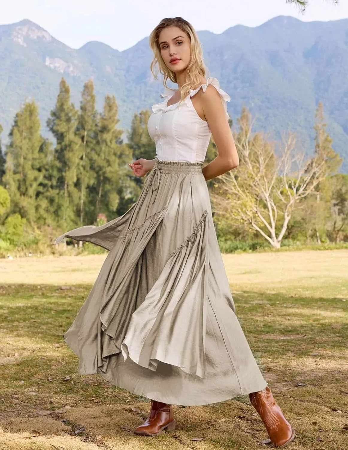 Scarlet Darkness Women Renaissance Layered Long Skirt Elastic High Waist Tiered Skirt with Pockets