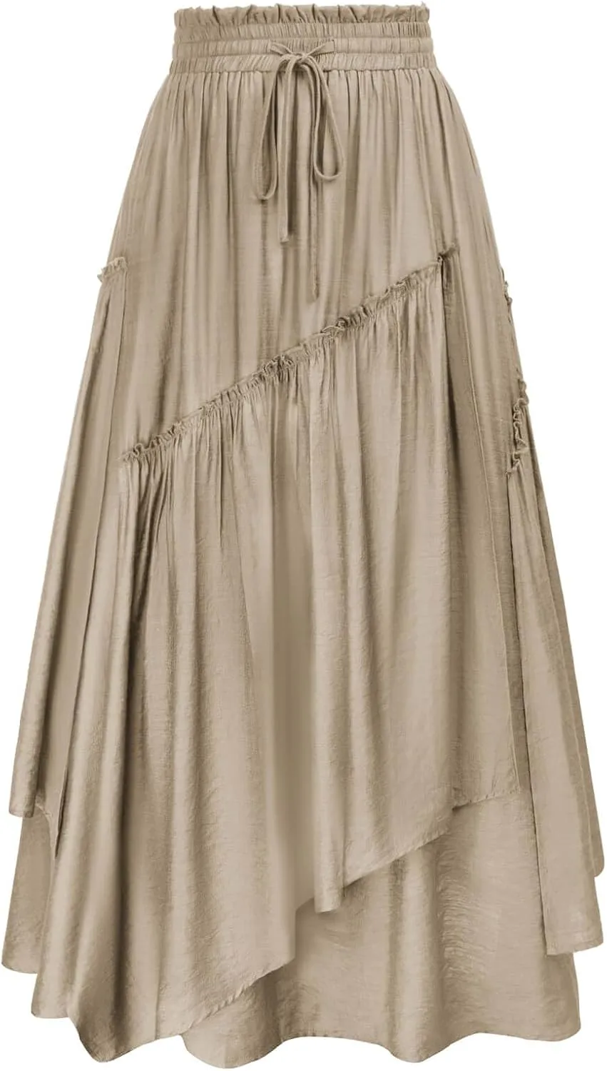 Scarlet Darkness Women Renaissance Layered Long Skirt Elastic High Waist Tiered Skirt with Pockets
