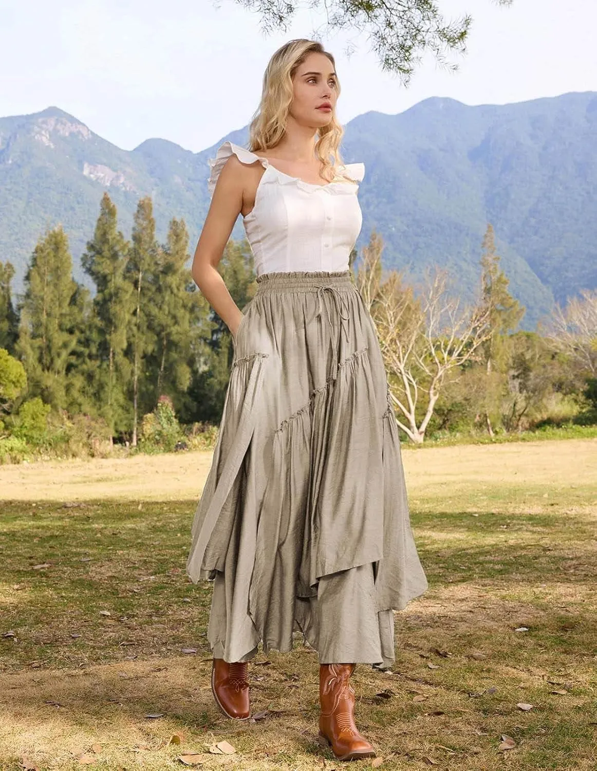 Scarlet Darkness Women Renaissance Layered Long Skirt Elastic High Waist Tiered Skirt with Pockets