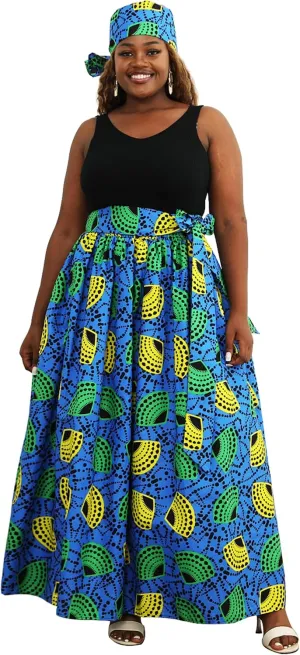 SHENBOLEN Women African Print Skirt Kente Traditional Wax Print Adjustable Strap Maxi Skirt